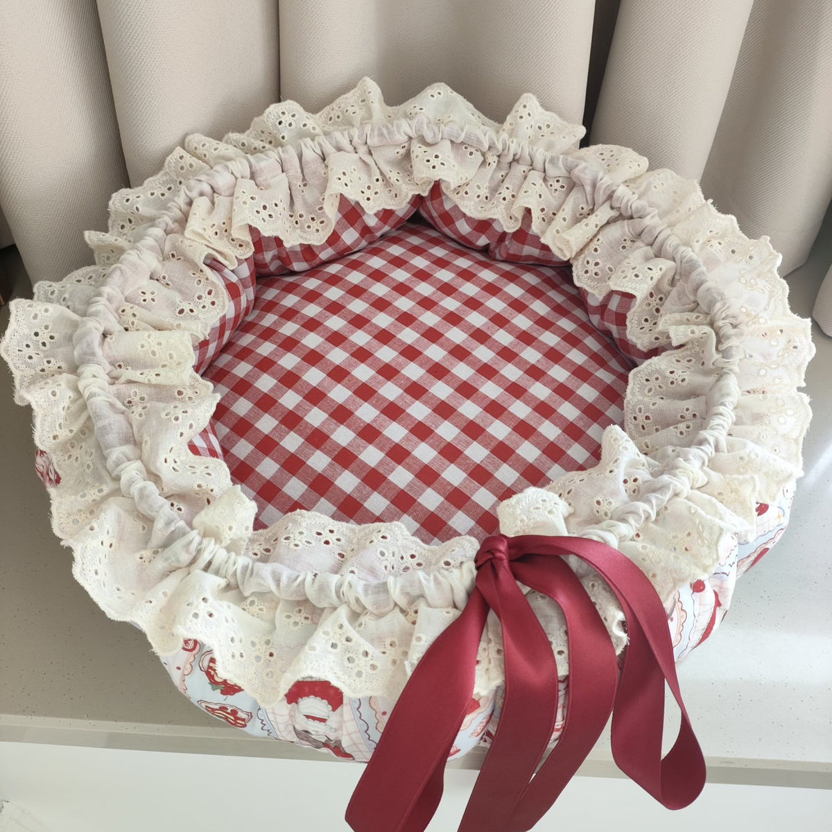 Handmade Cat Bed Red Checkered Cotton
