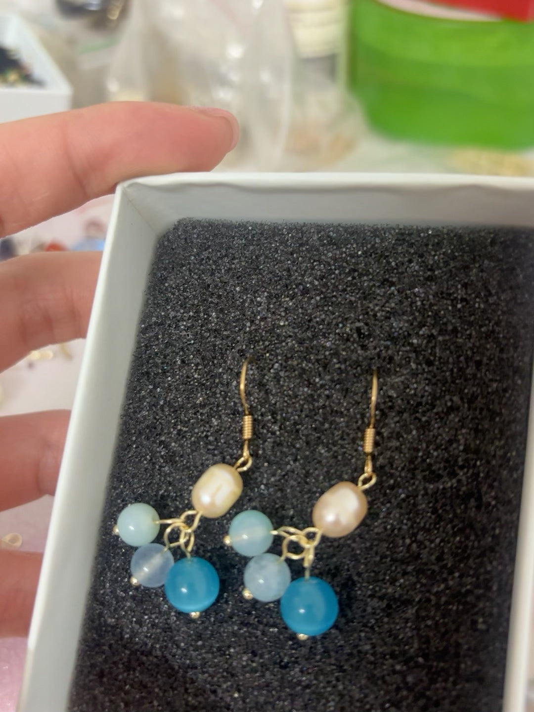 Freshwater Pearl Blue Crystal Dangle Earrings