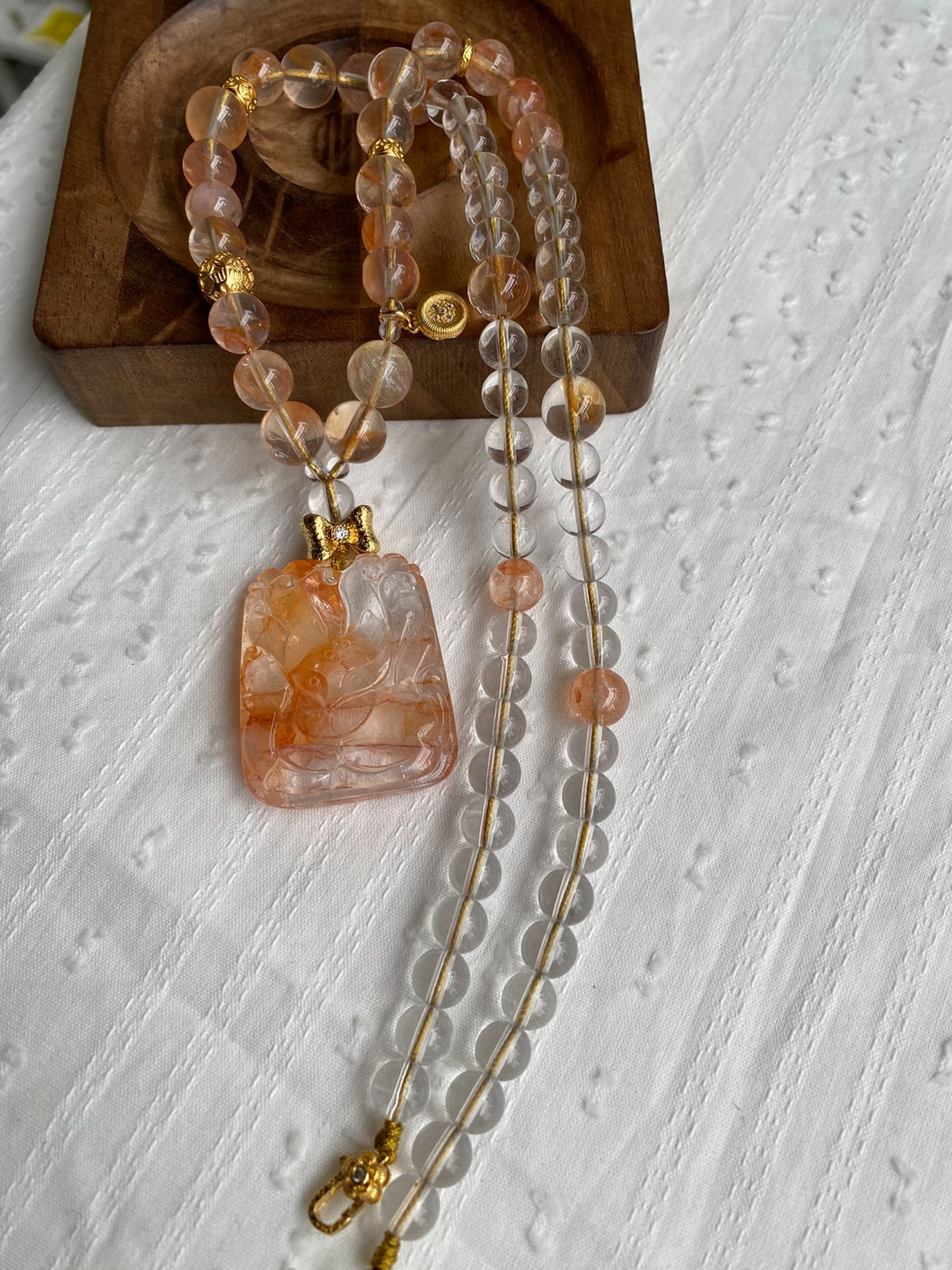 Hand Carved Fox Pendant White Crystal Necklace
