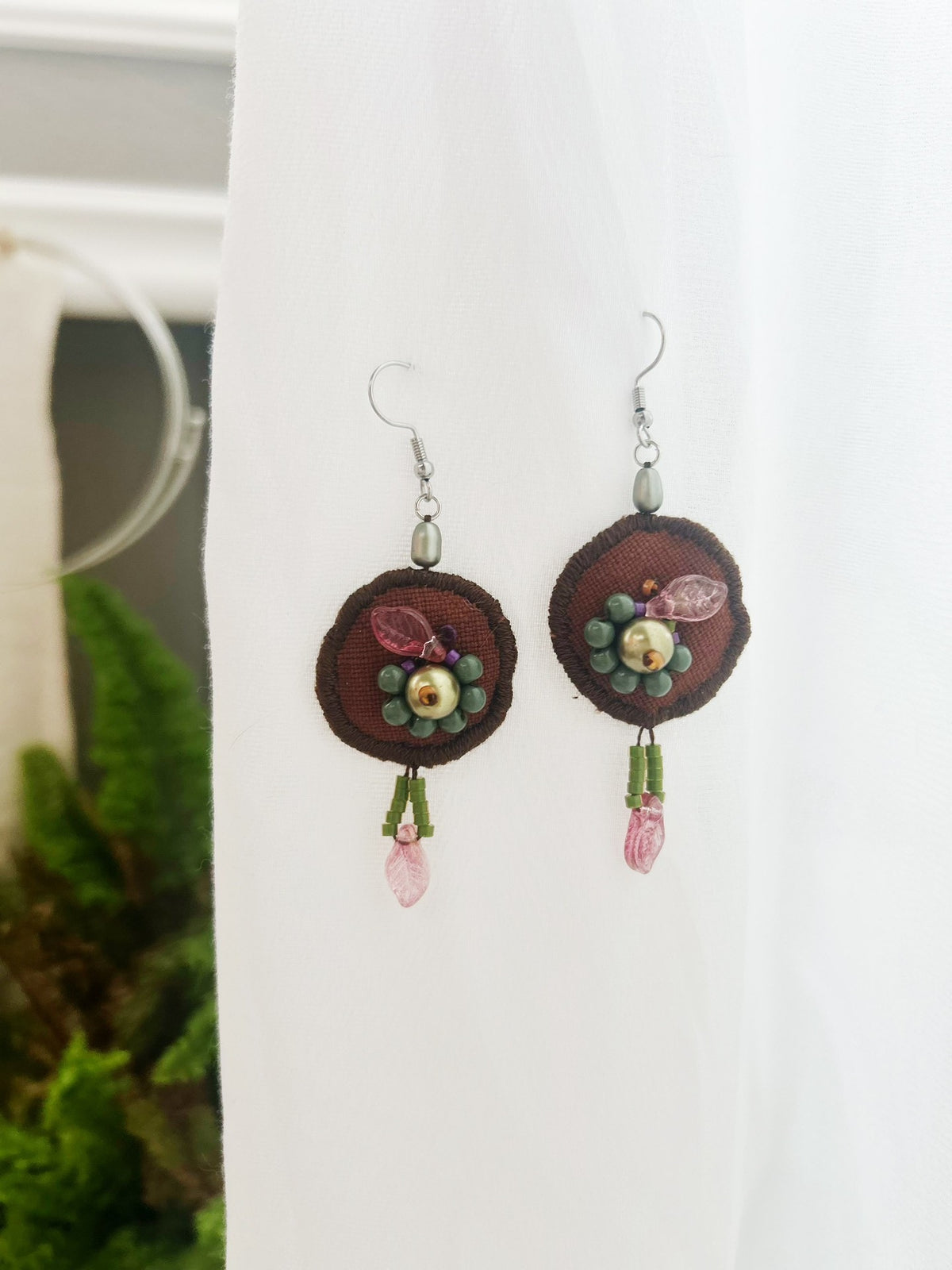 Handcrafted Fabric Earrings with Beaded Tassel