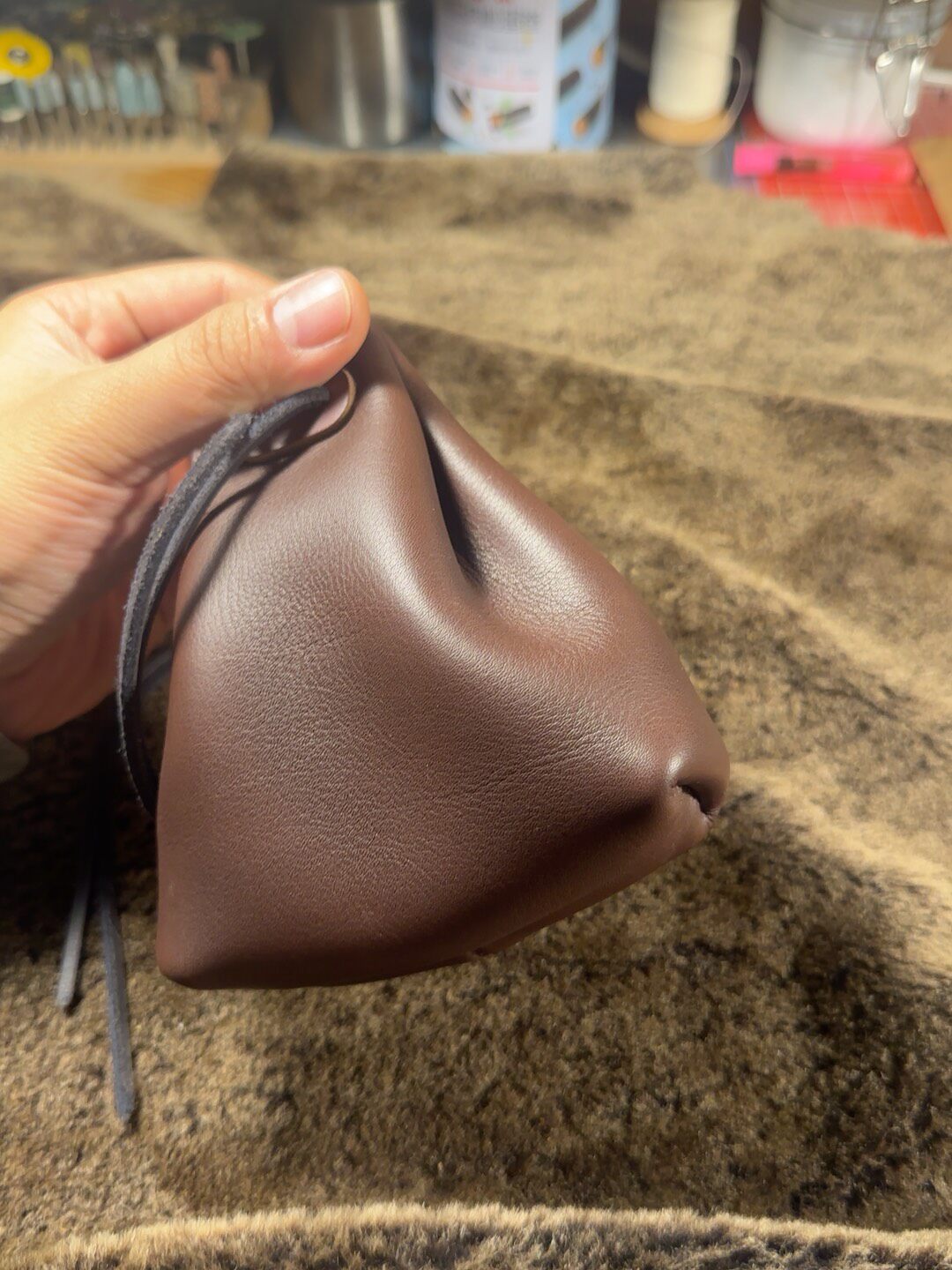 Dark Brown Leather Drawstring Storage Bag