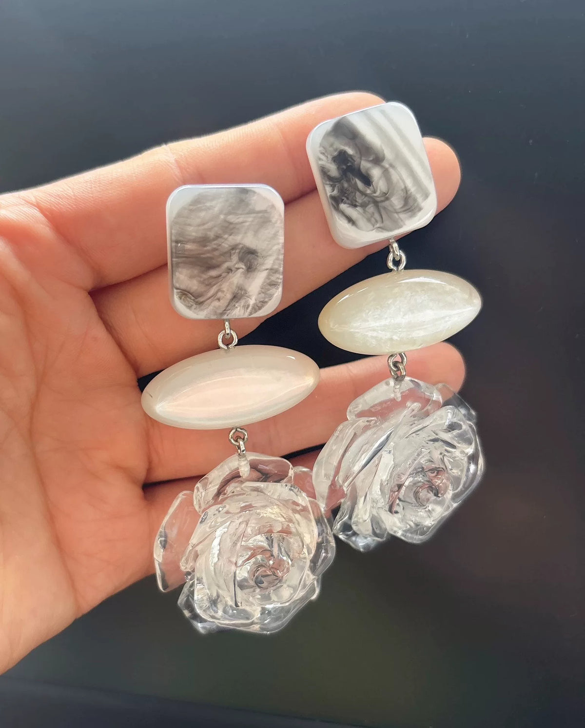 Resin Rose Square Oval Drop Earrings