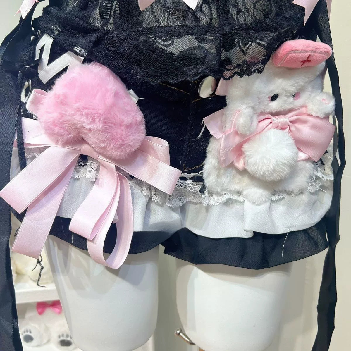 Black Lace Camisole Shorts Set with Pink Bows