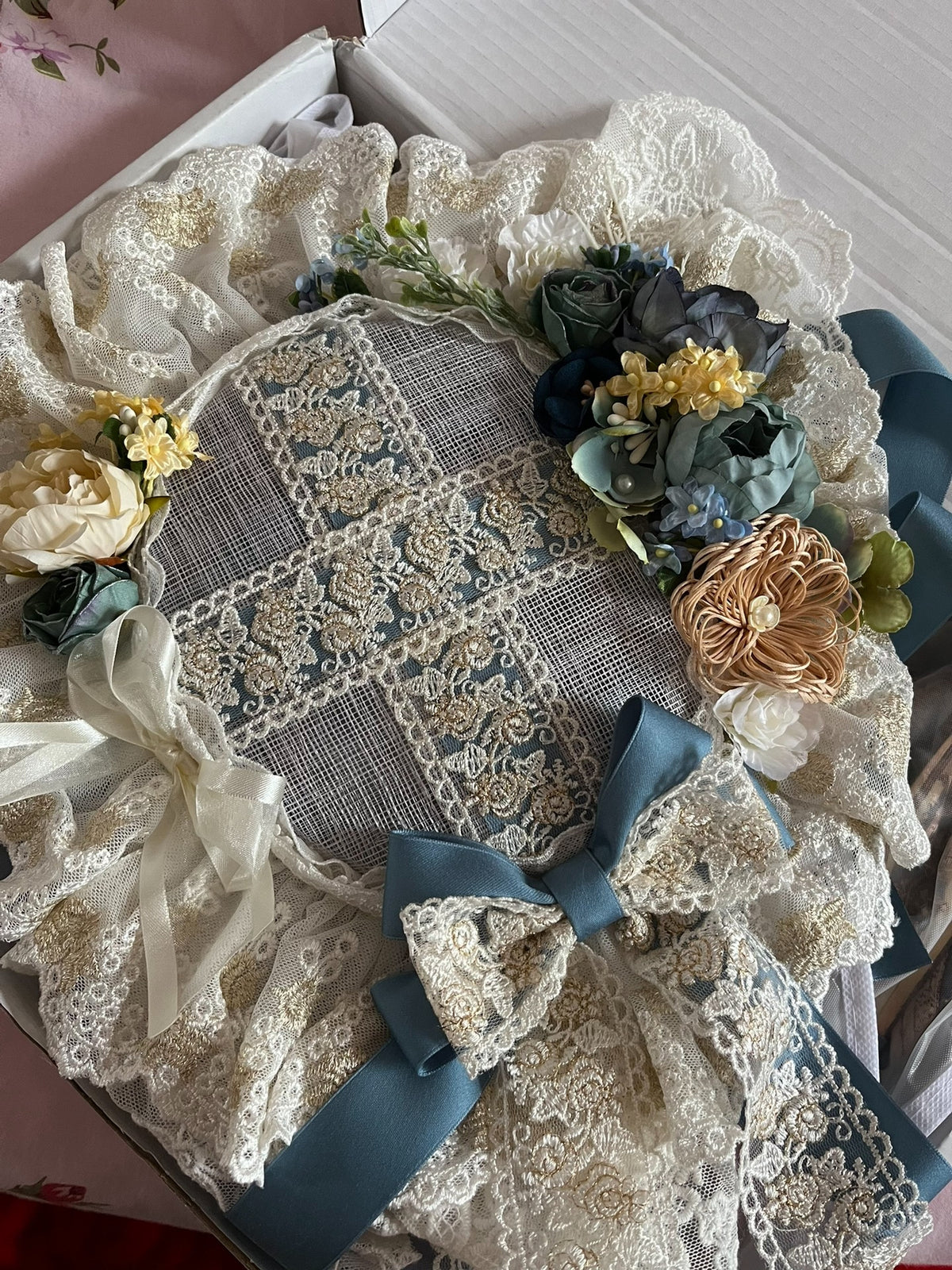 Lolita Flat Bonnet Dusty Blue Lace
