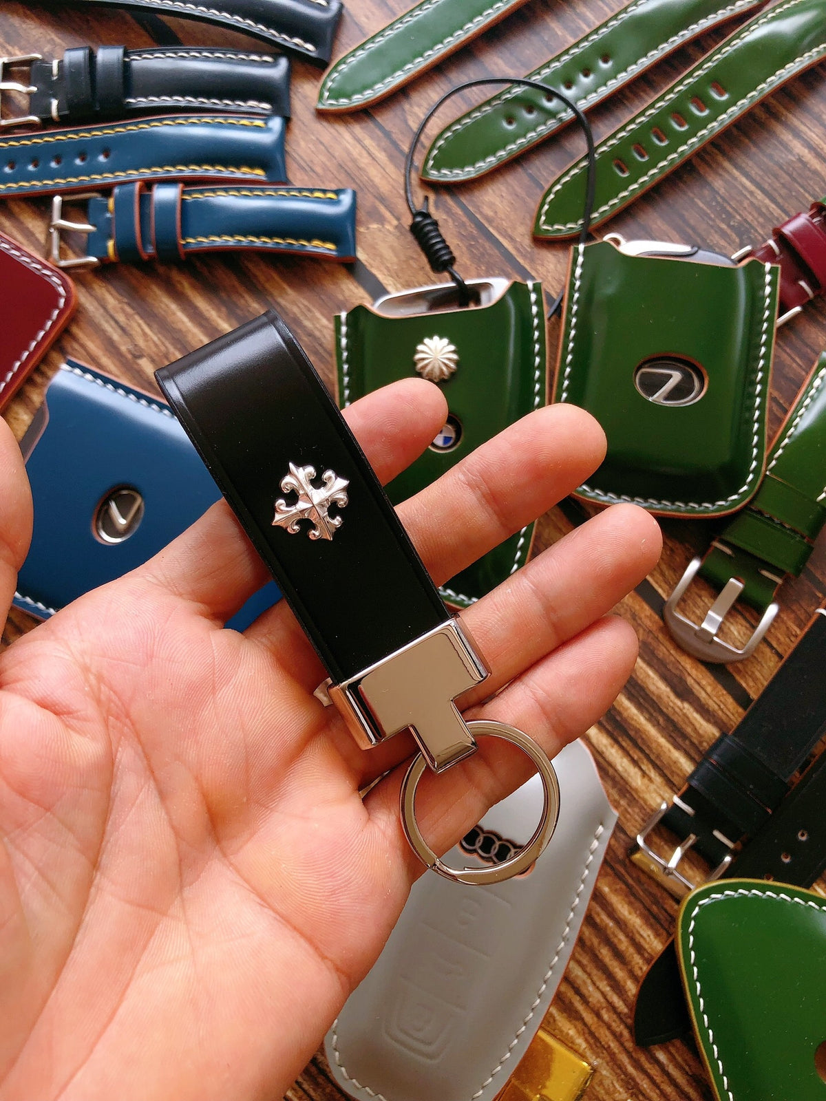 Black Leather Key Fob with Cross Stud
