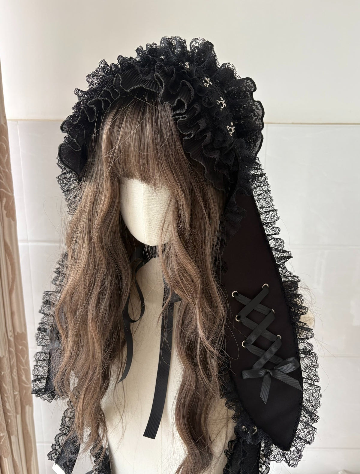 Gothic Lace Bunny Ear Headband with Ribbon Lacing