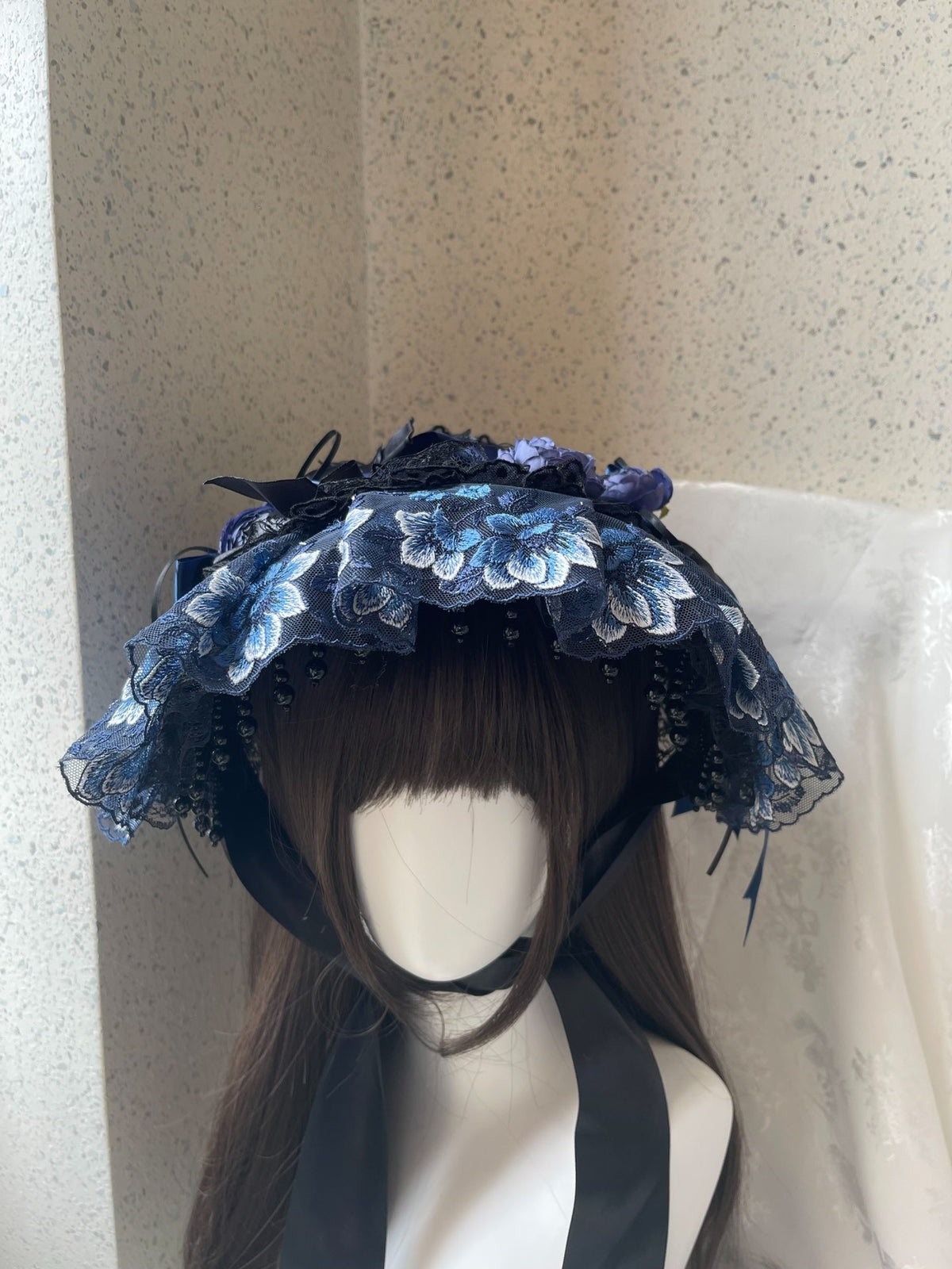 Lolita Blue Black Lace Bnt Flat Hat