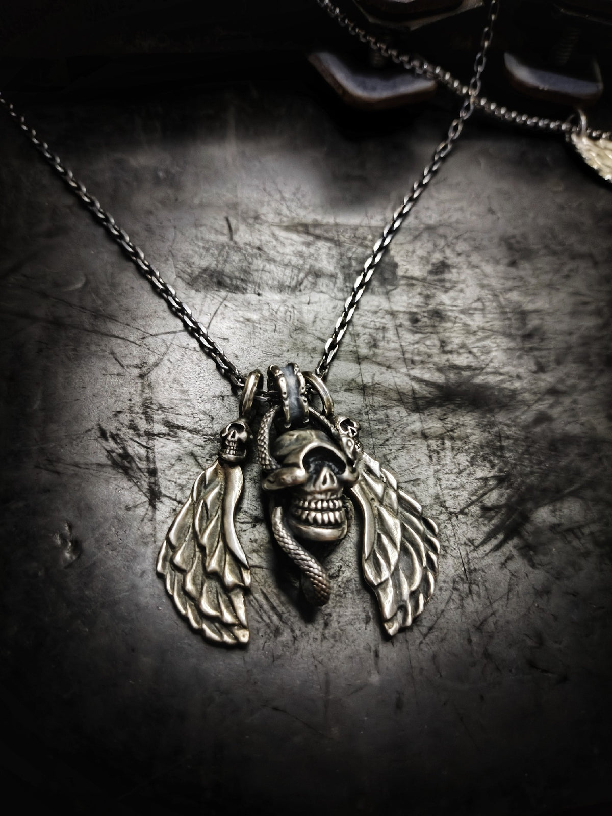 Silver Skull Snake Wing Pendant Set