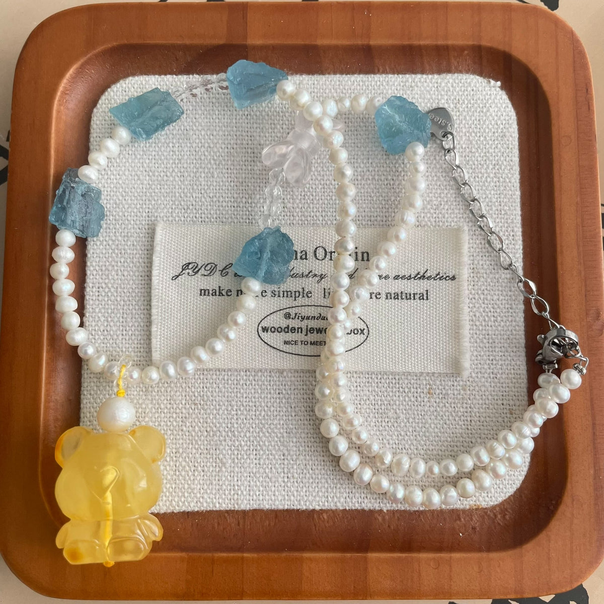 Amber Bear Pearl Aquamarine Necklace