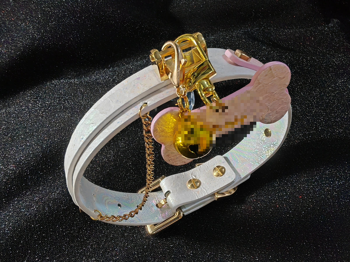 玉虫色ホワイトピンク レザーペット首輪