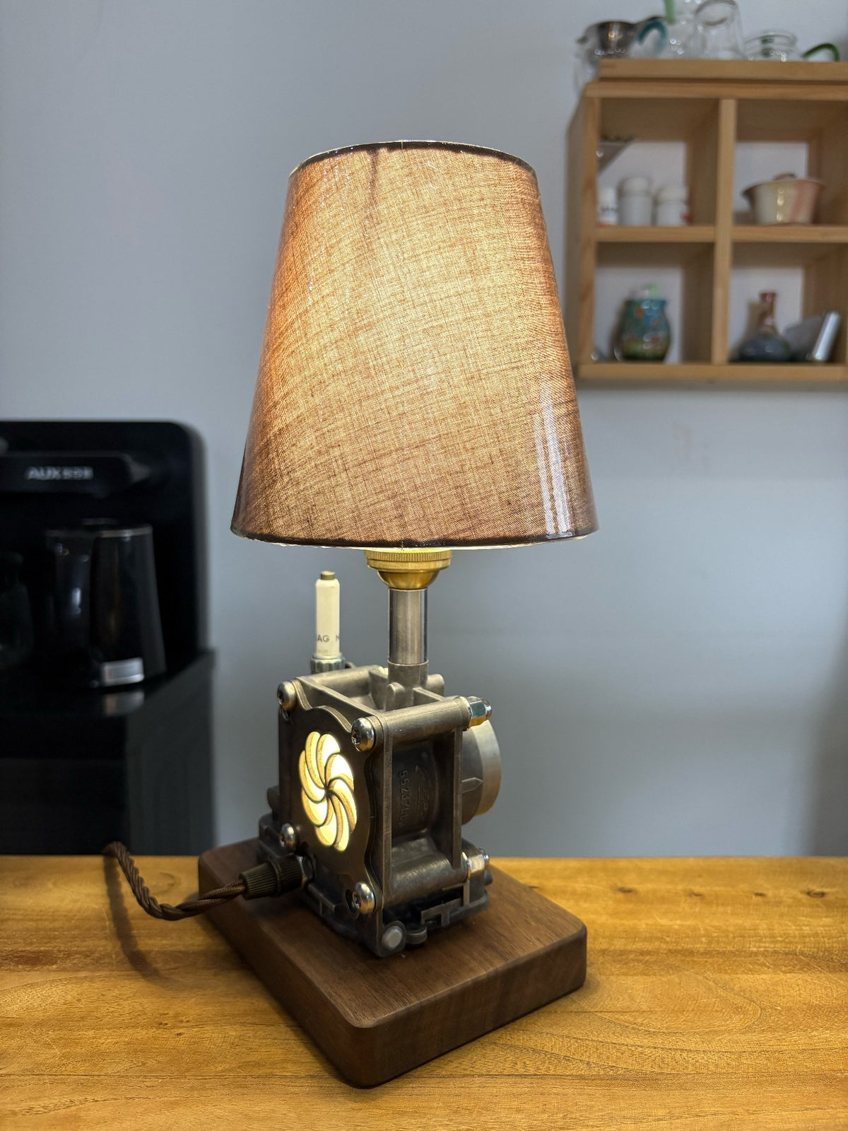 Engine Cylinder Block Table Lamp with Walnut Base