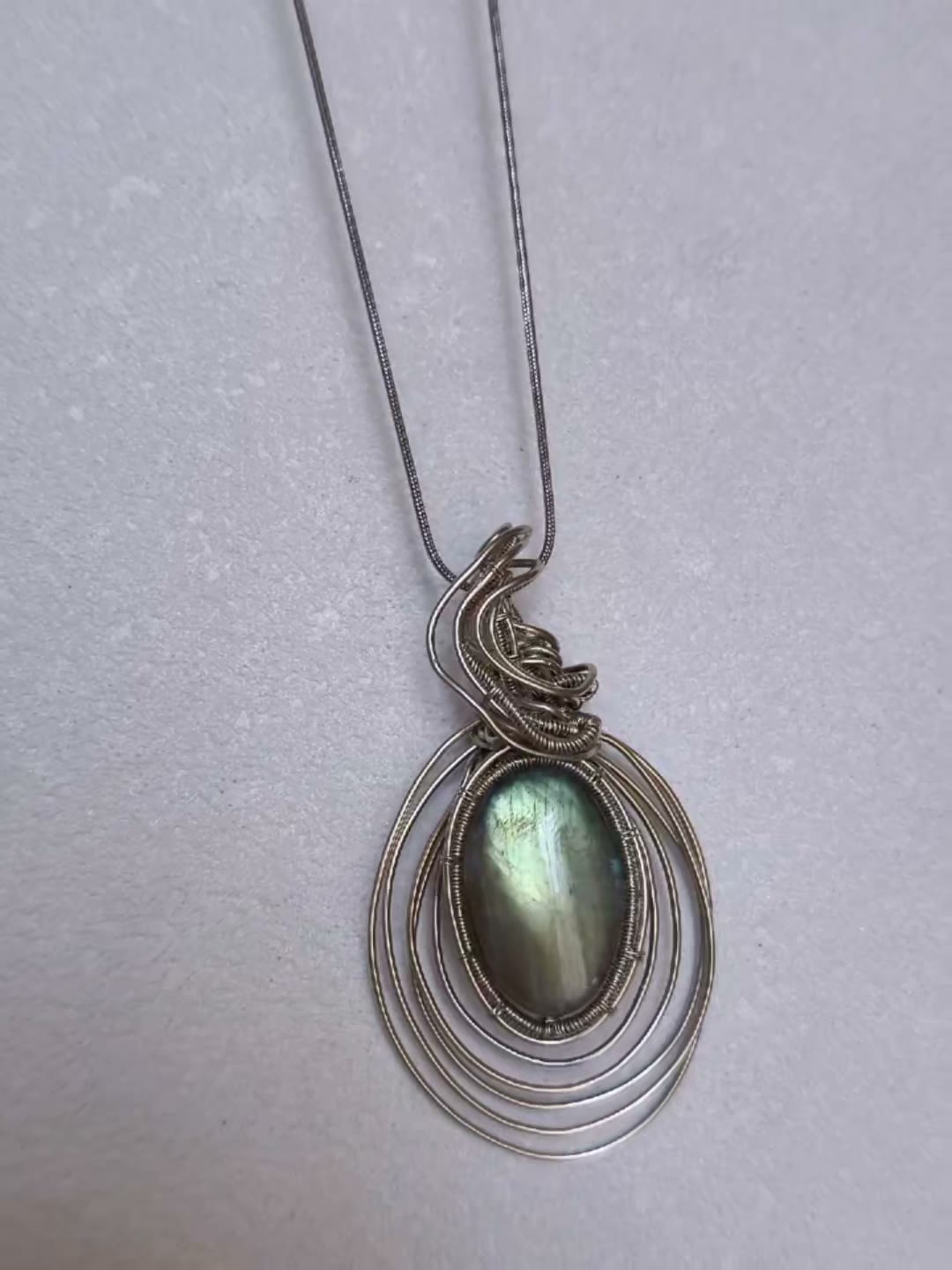 Oval Labradorite Wire Wrapped Pendant Necklace