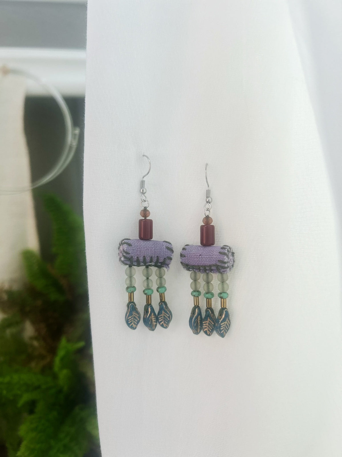 Handmade Fabric Earrings with Leaf Charms