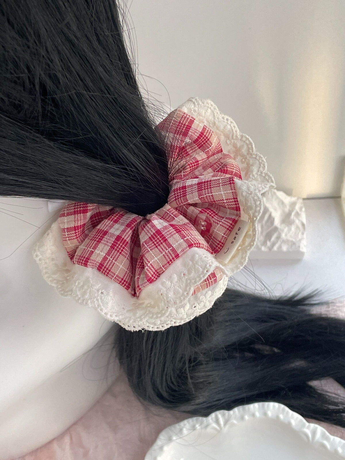 Red Gingham Fabric Scrunchie with Lace Trim