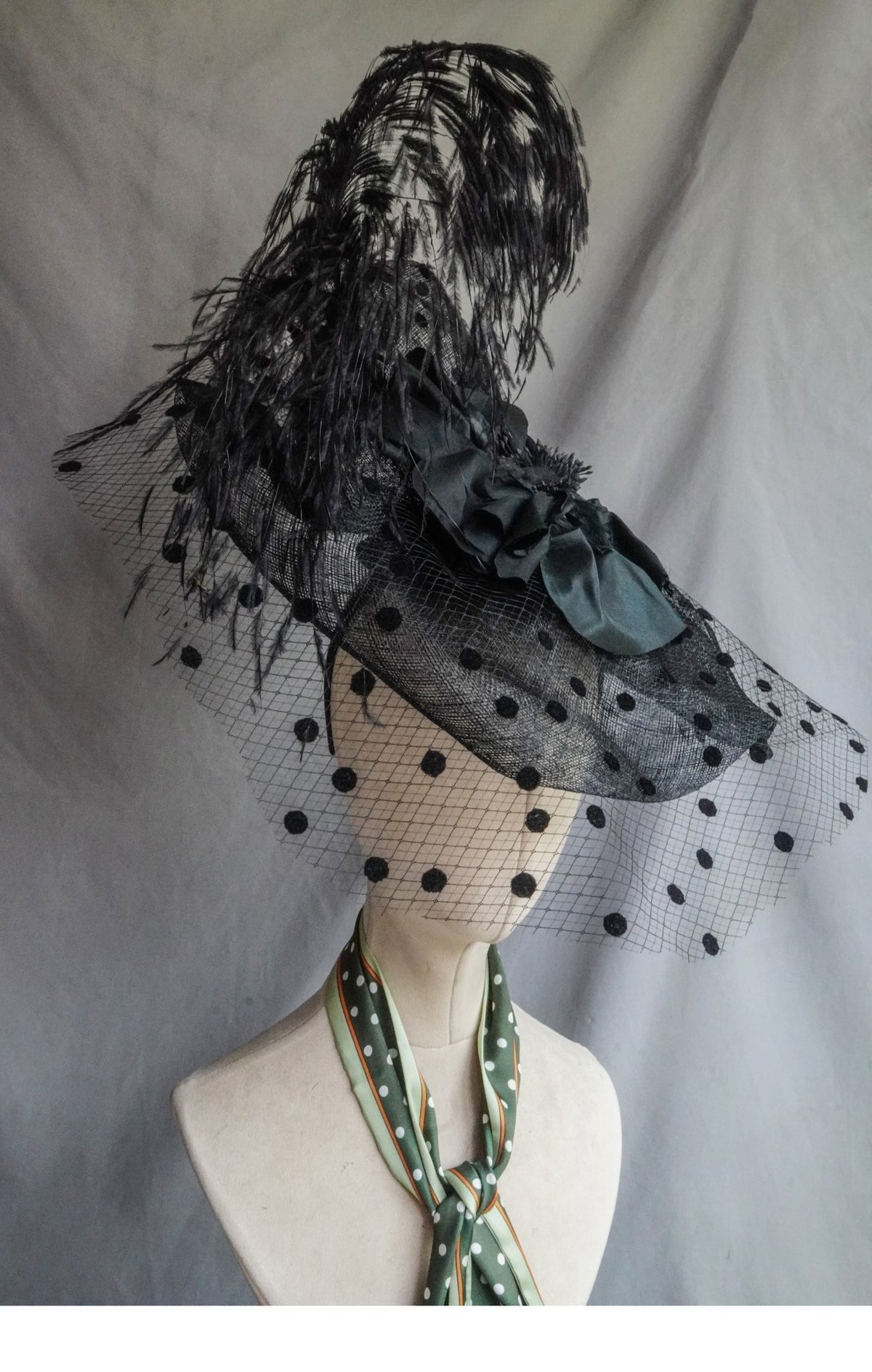 Black Polka Dot Feather Fascinator Hat