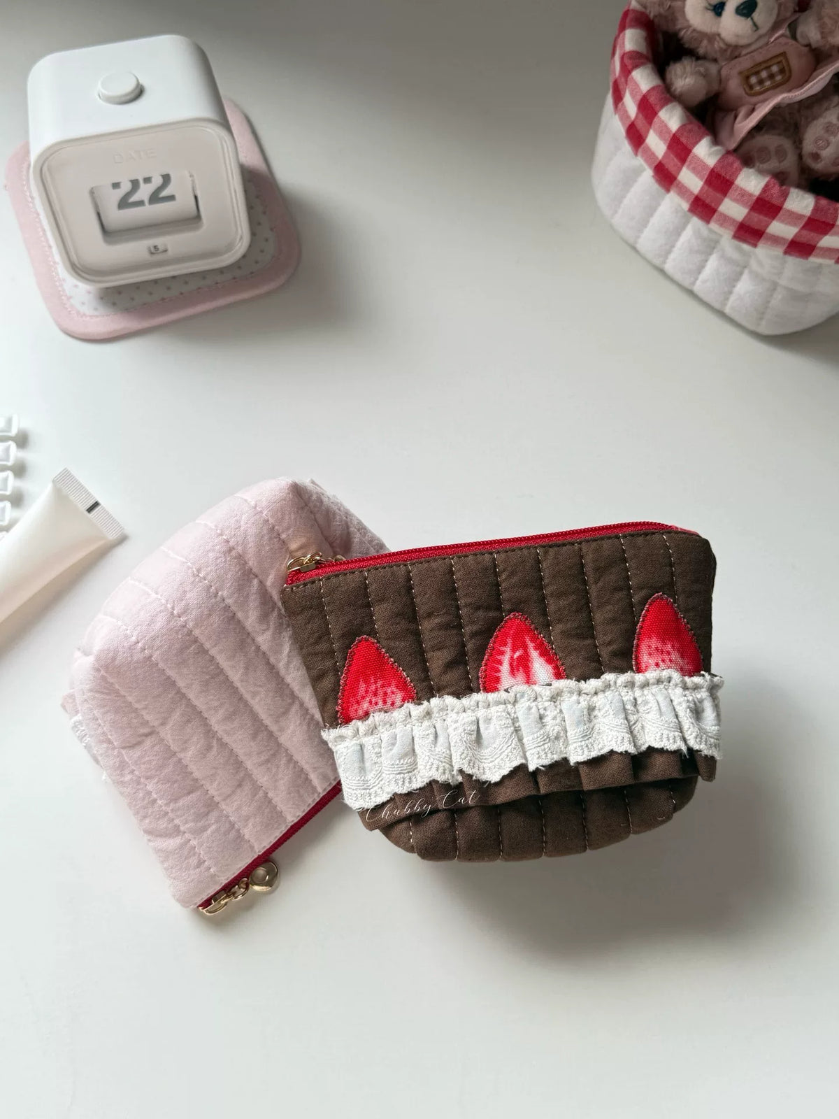 Strawberry Embroidered Quilted Coin Purse