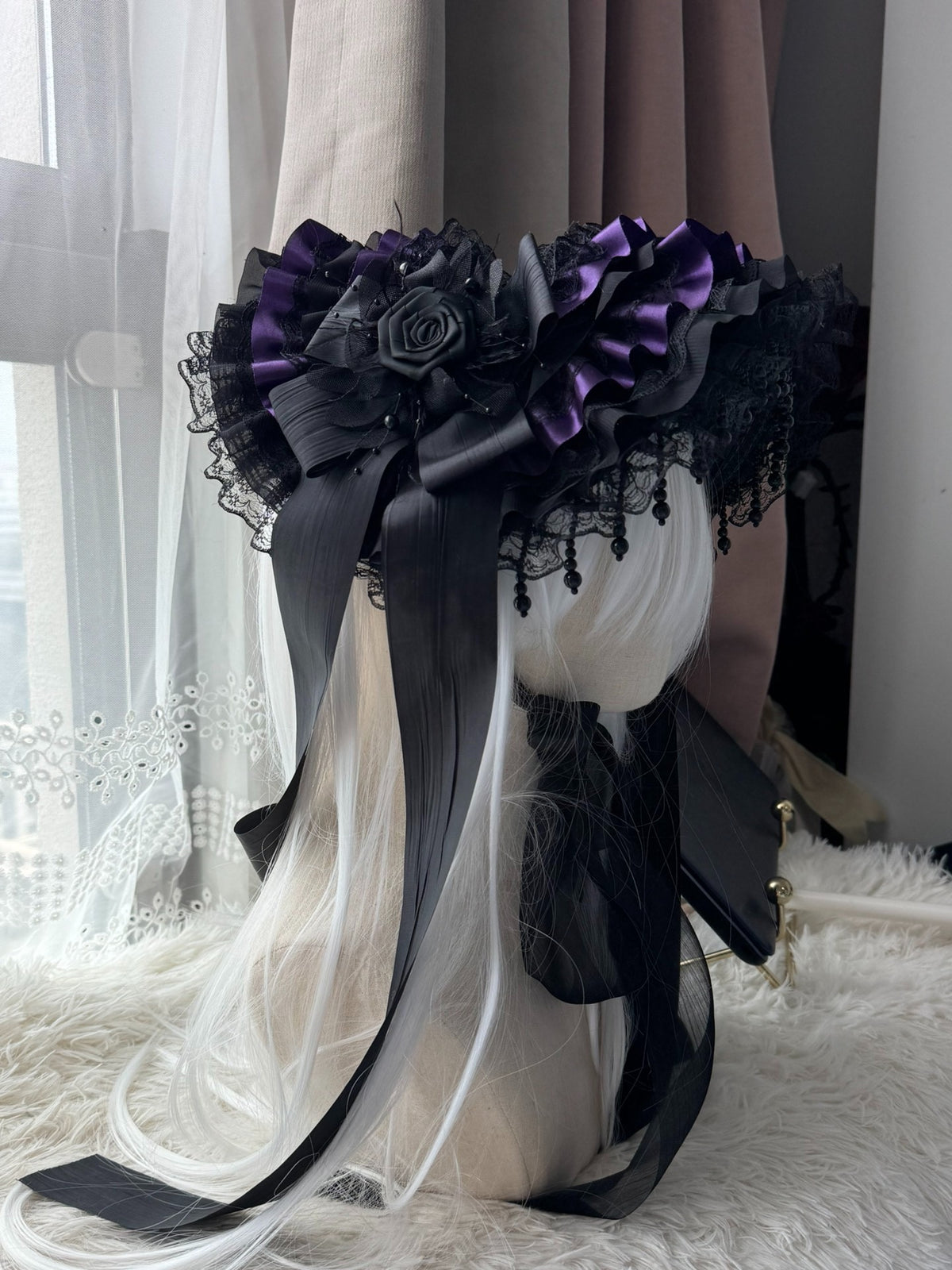 Gothic Lolita Widow Hat Black Purple Pearl Tassels