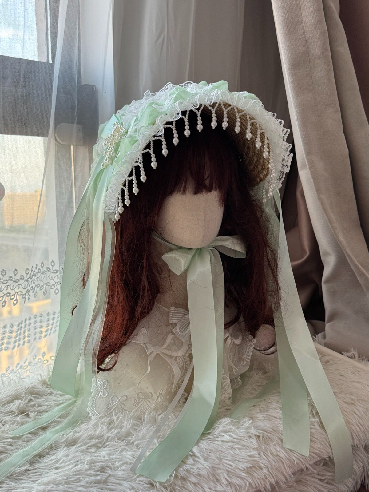 Lolita Green Straw Bonnet with Pearl Trim