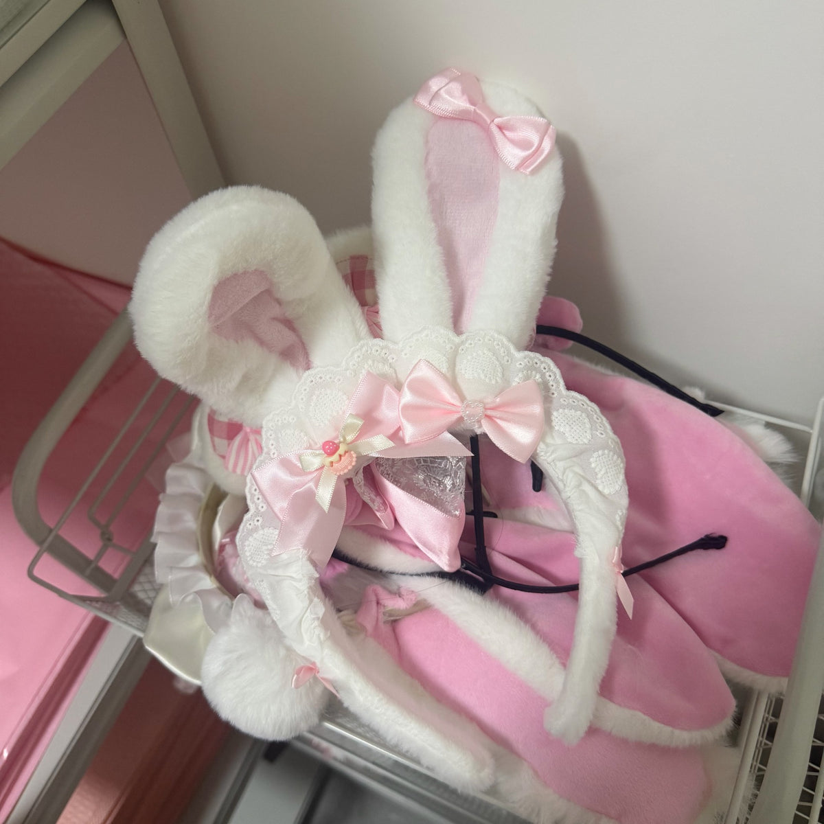 White Plush Bunny Ear Headband with Pink Bows