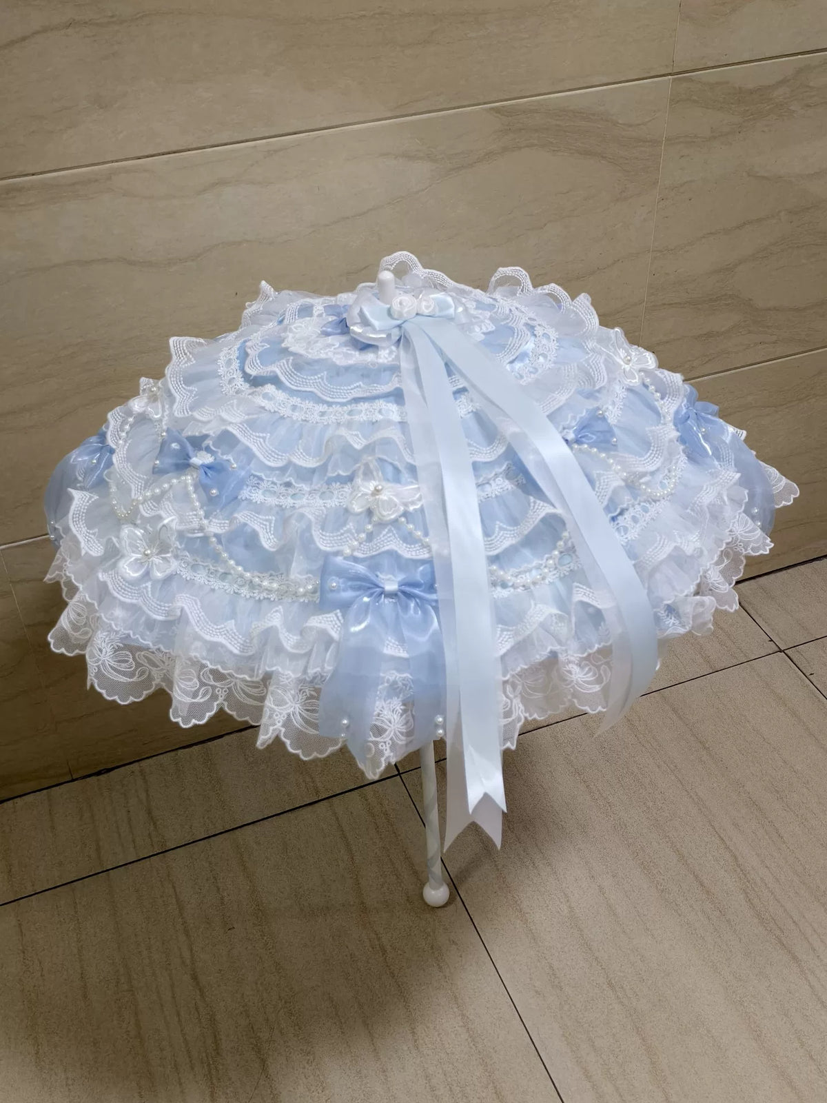 Handmade Blue White Lolita Lace Umbrella
