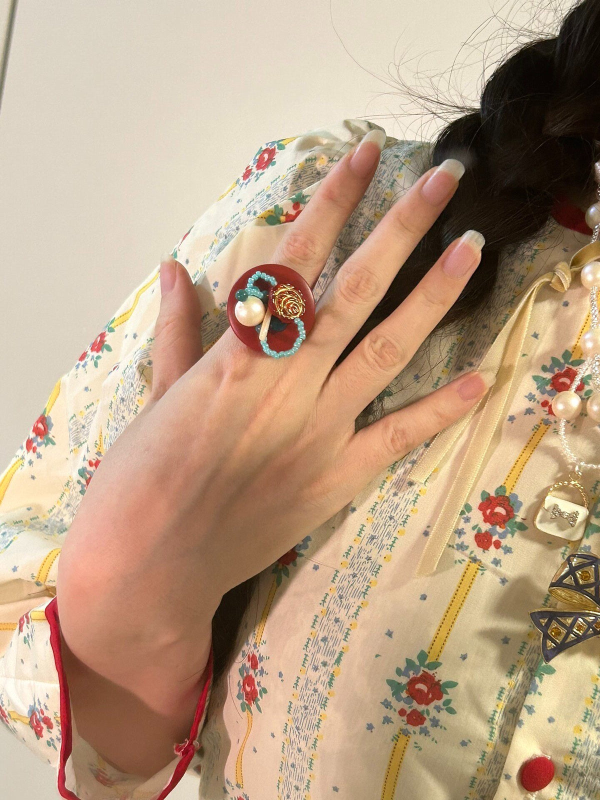 Vintage Button Ring with Shell Pearls