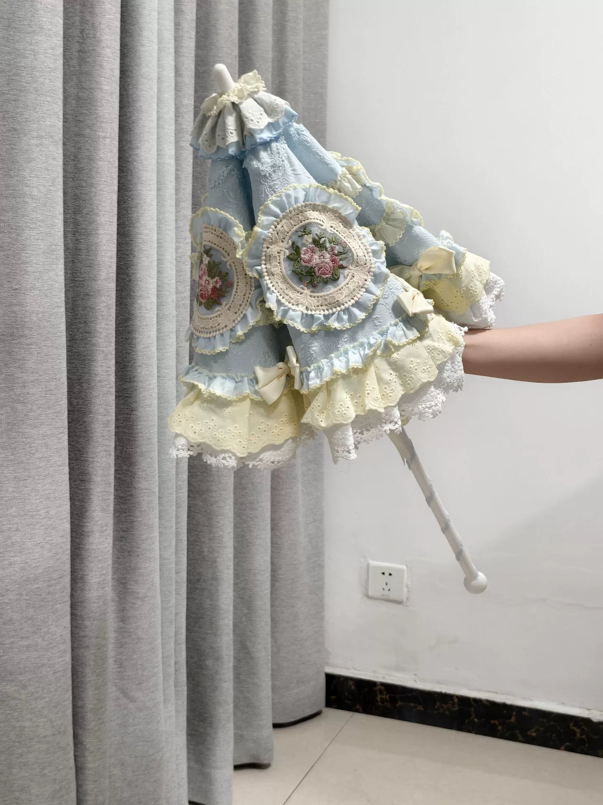 Handmade Lolita Parasol Light Blue Yellow Ruffles