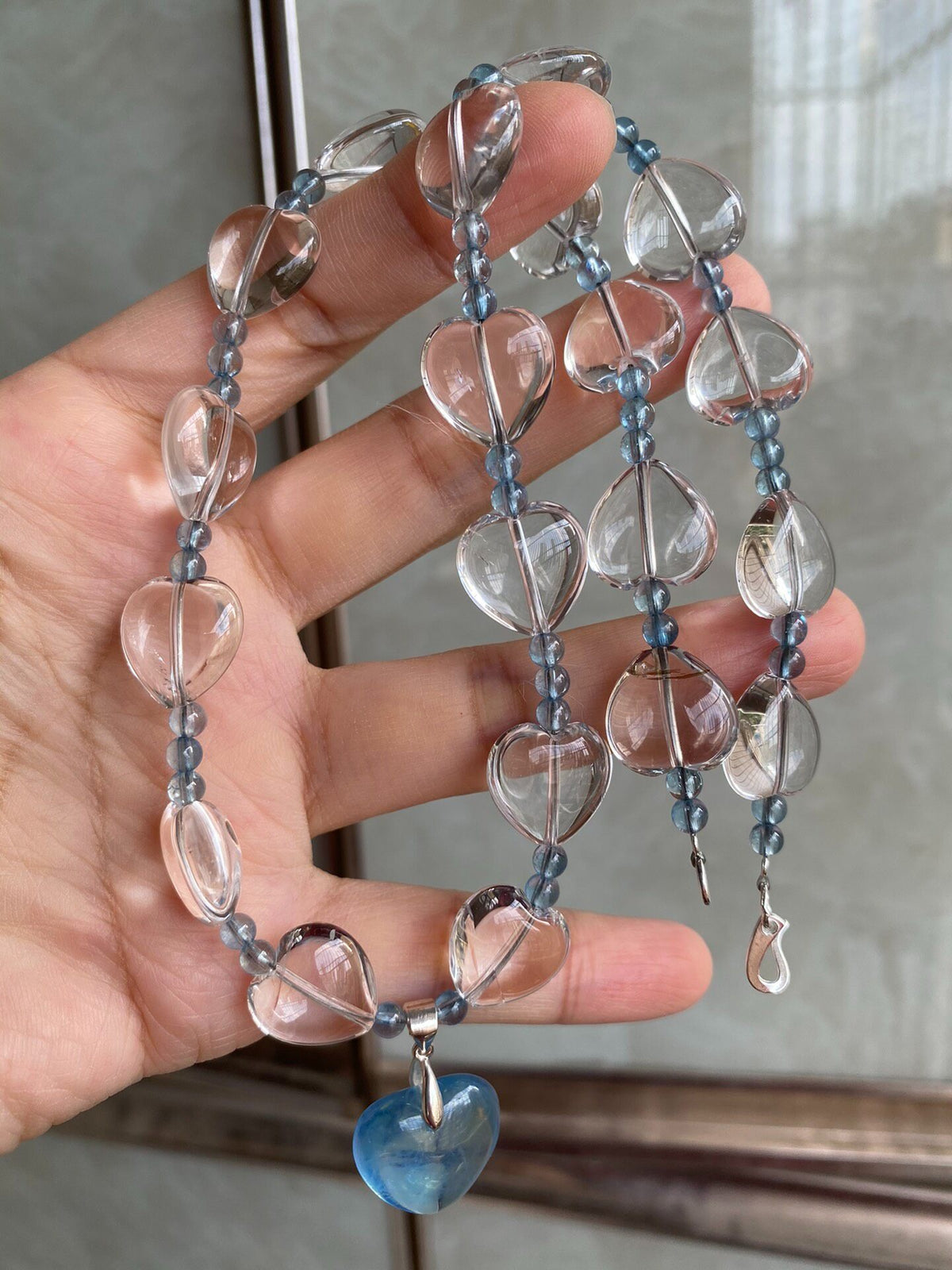 Clear Quartz Aquamarine Heart Beaded Necklace