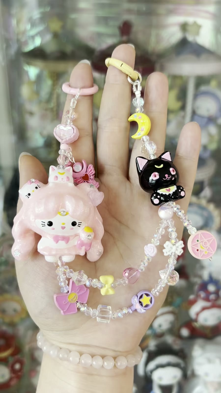 Hand-Painted Kitty Beaded Phone Strap Set