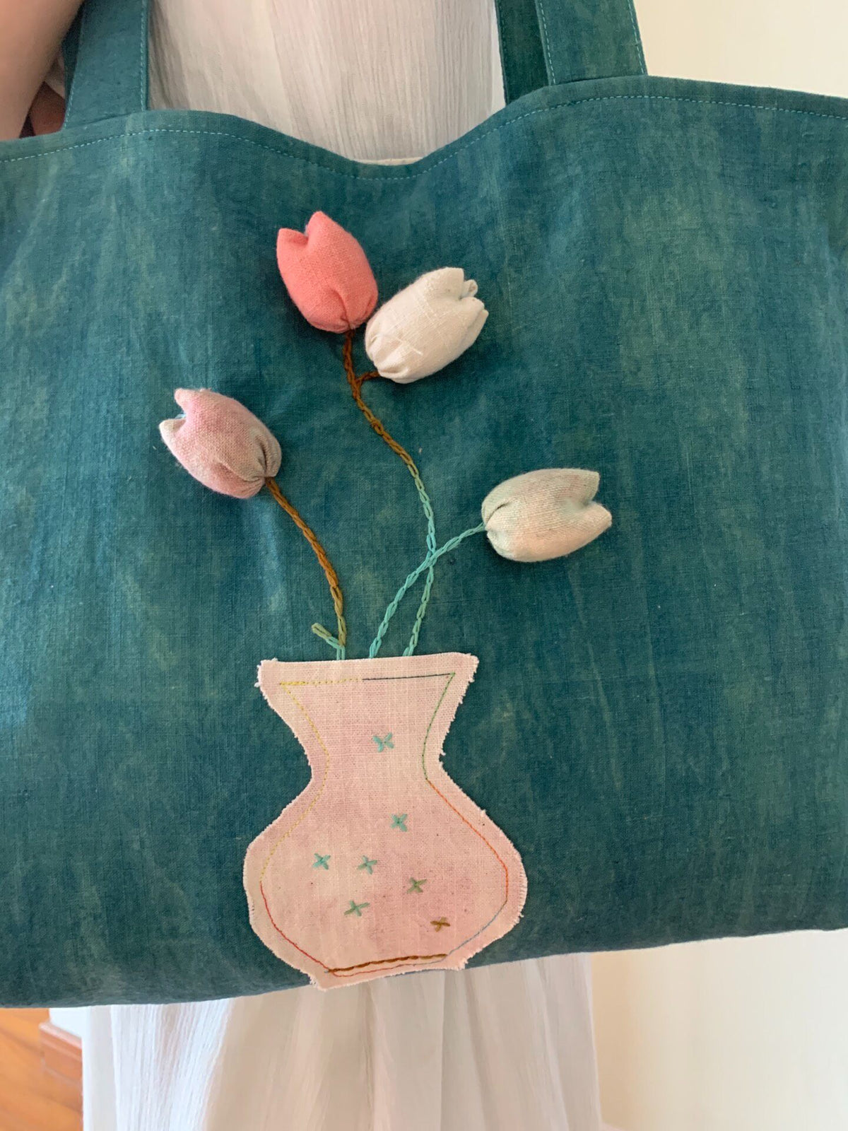 Handwoven Indigo Tote Bag with Embroidered Flowers