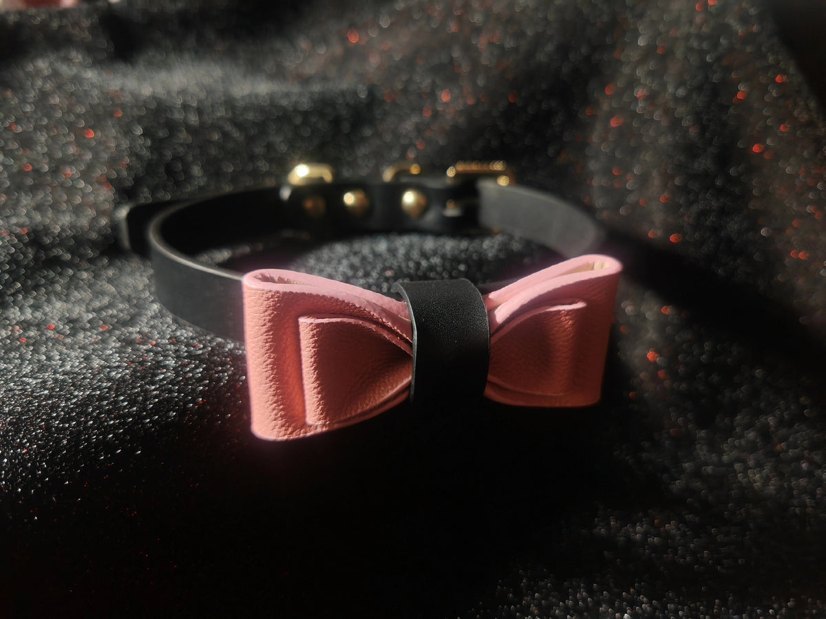 Black Leather Pet Collar Pink Bow
