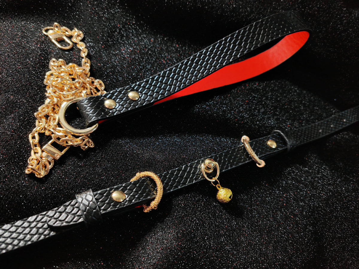 Set de collar y correa para perro de piel con textura de serpiente en negro y rojo