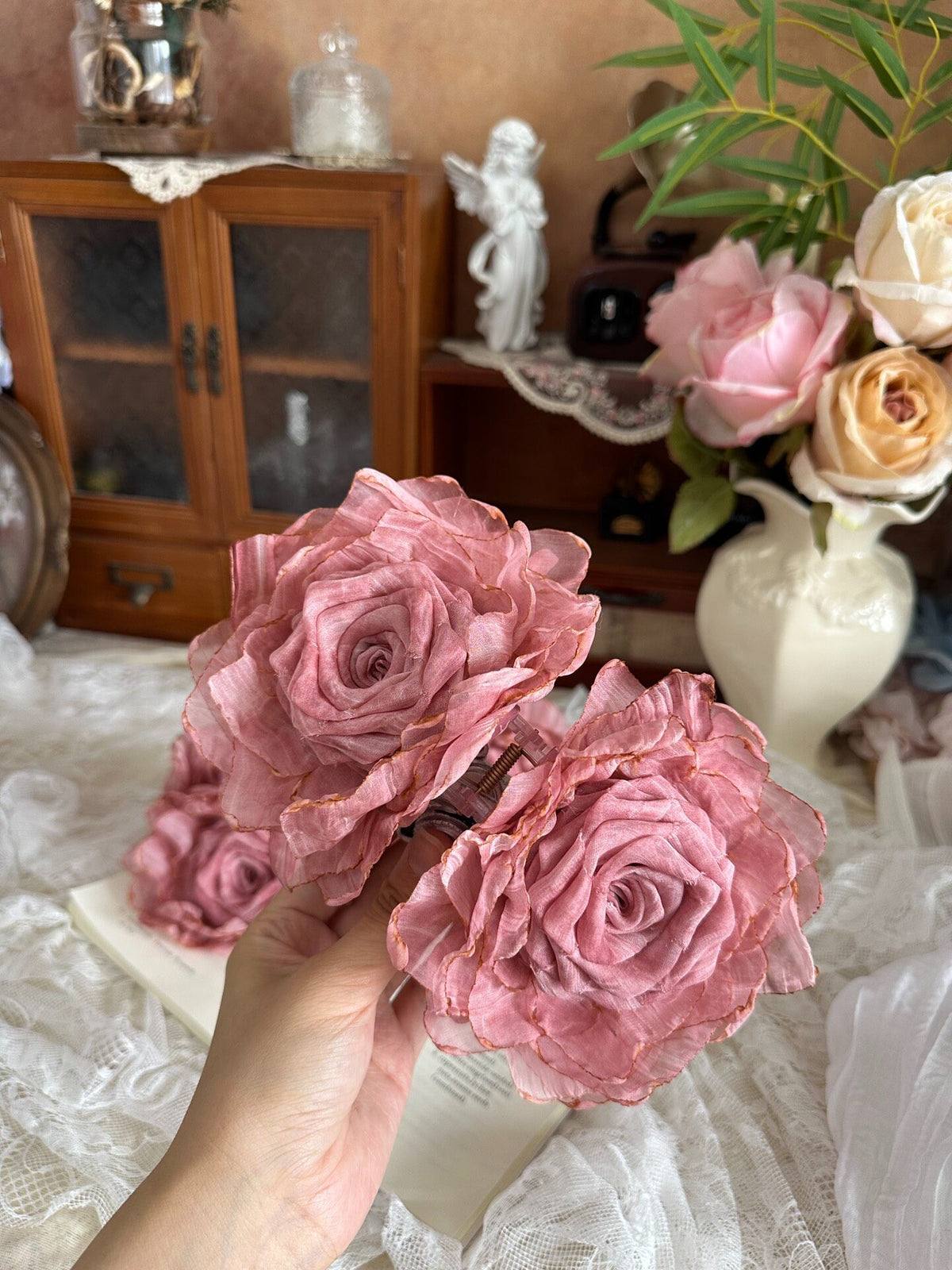 Handmade Fabric Rose Hair Clip Dusty Pink