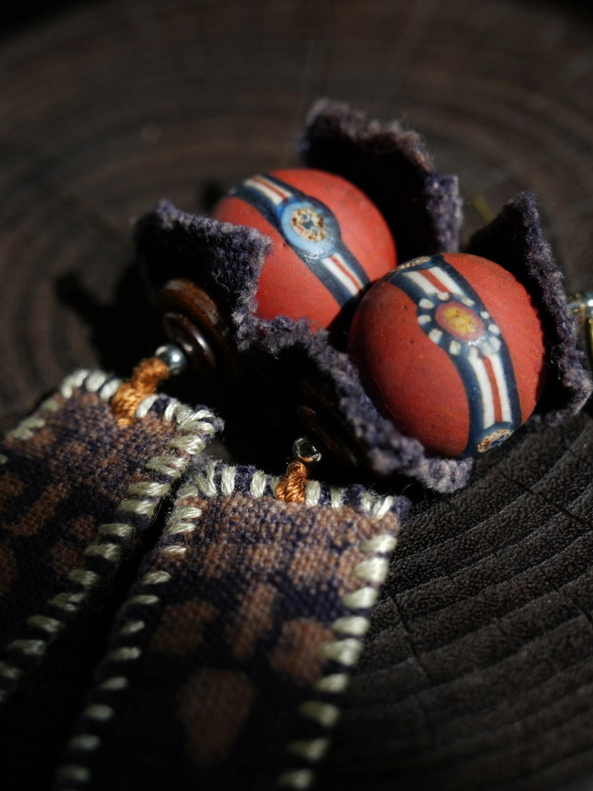 Handwoven Fabric Glass Bead Earrings