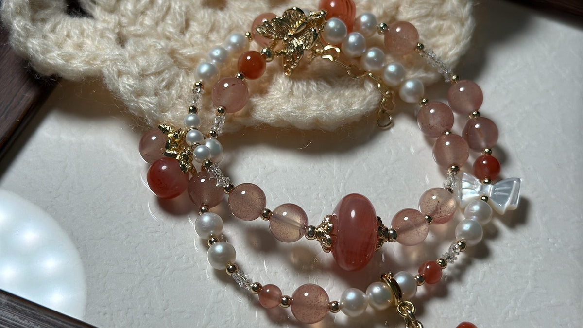 South Red Agate Butterfly Pearl Double Wrap Bracelet