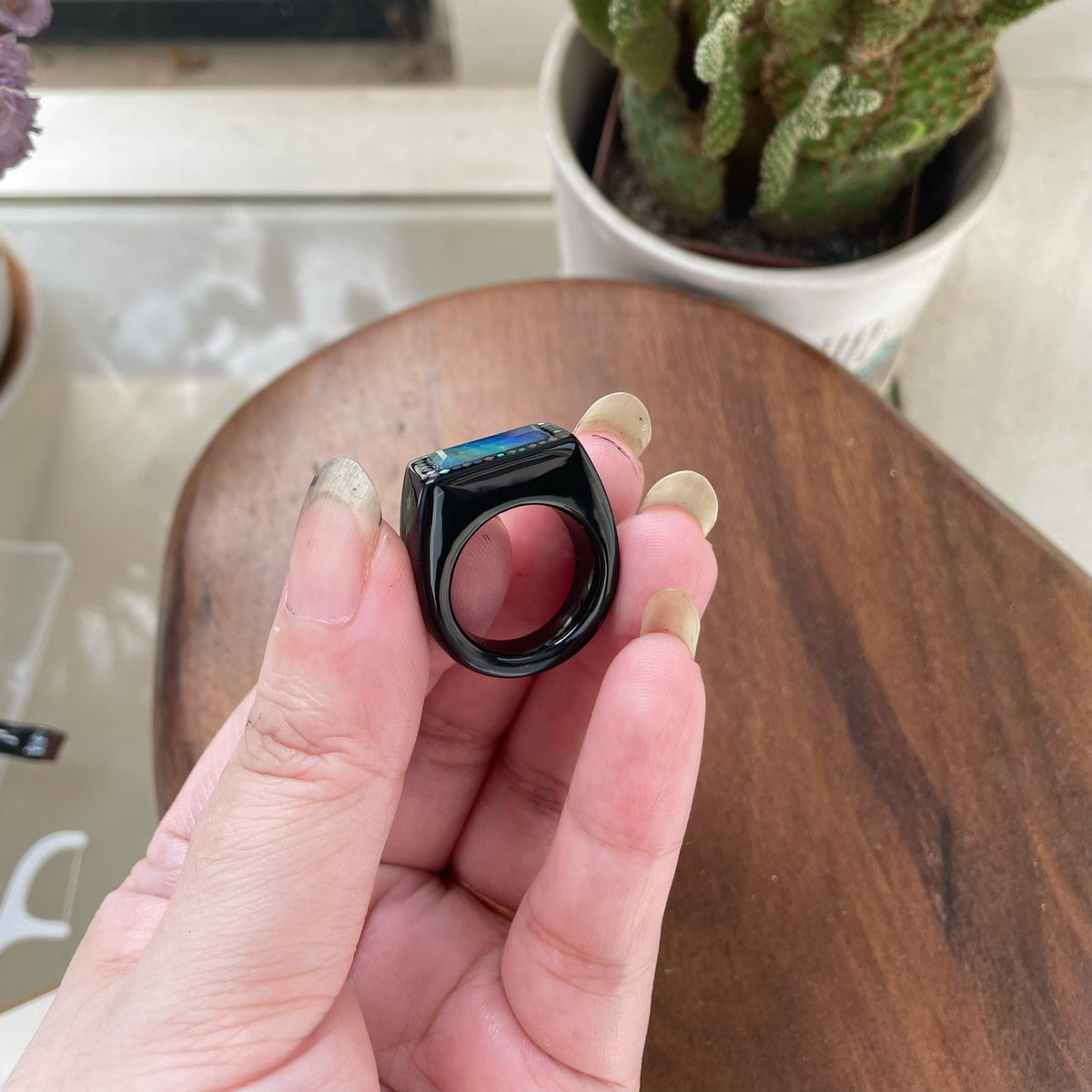 Natural Lacquer Ring with Shell Inlay