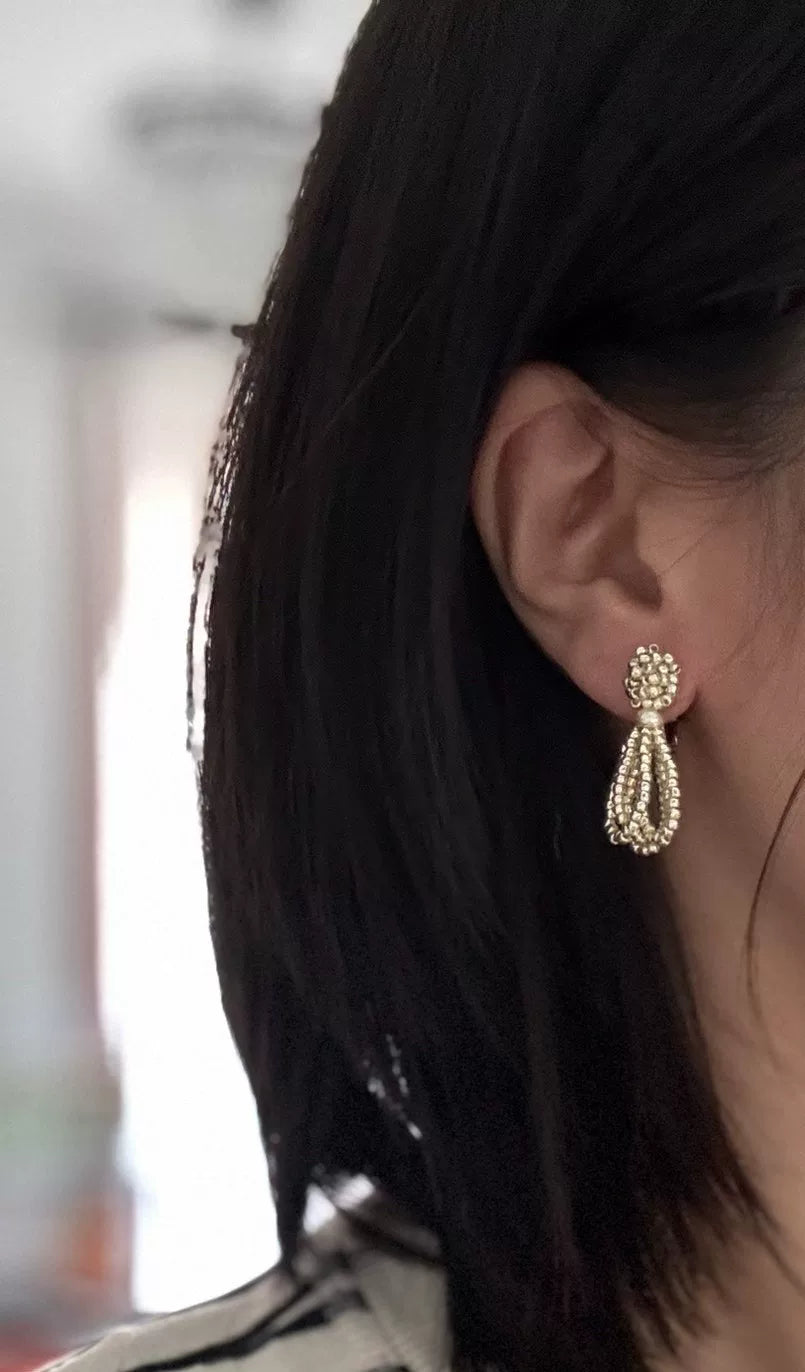 Silver Seed Bead Teardrop Fringe Earrings