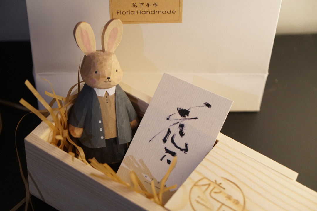 Hand-Carved Paulownia Wood Rabbit Figurine in School Uniform, 9cm