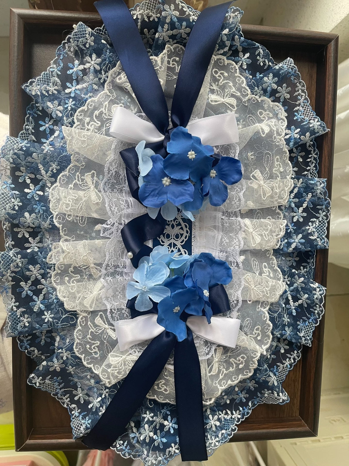 Lolita Blue White Lace Bonnet Handmade