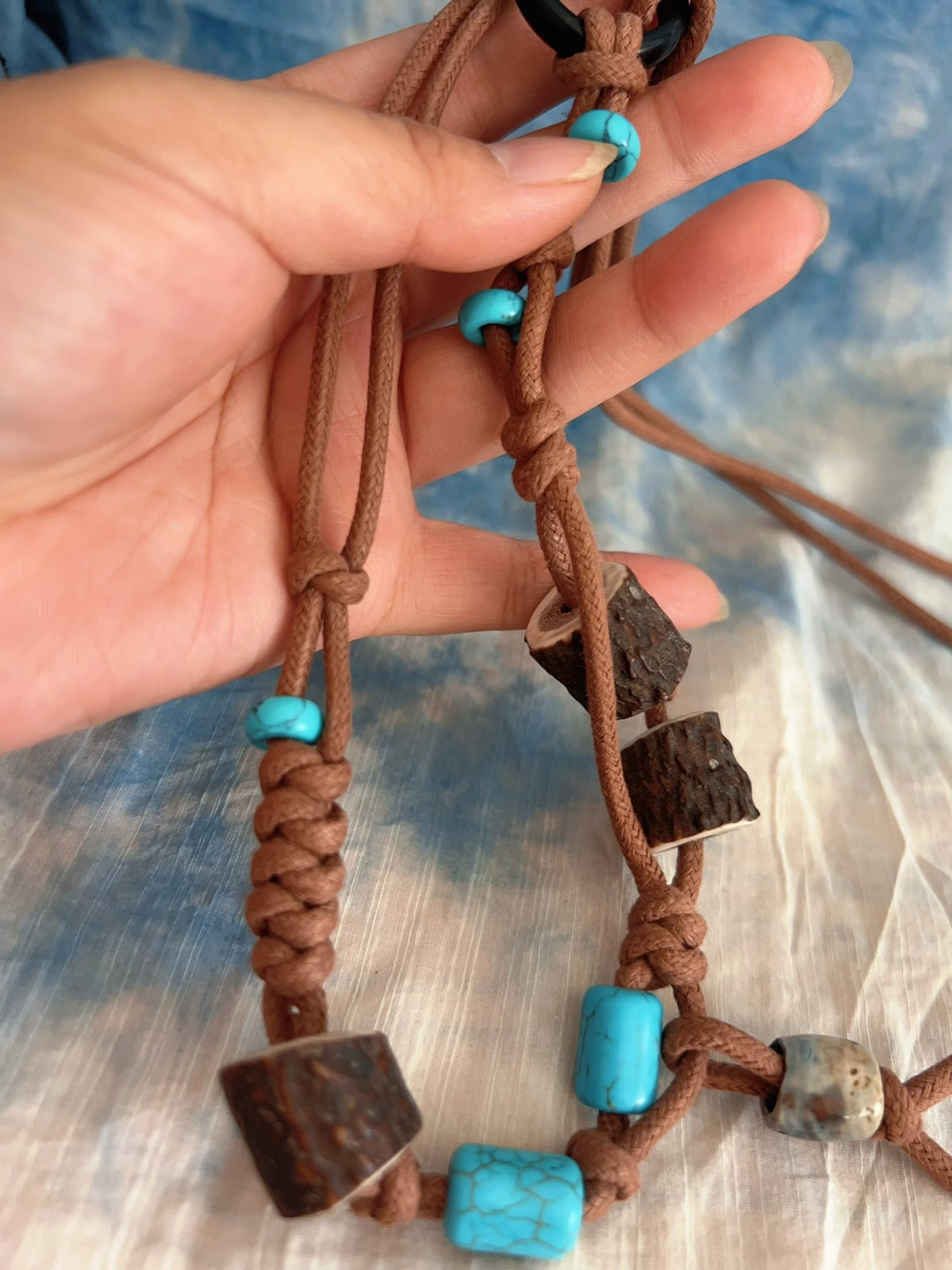 Handcrafted Cotton Cord Lariat Necklace with Turquoise Beads