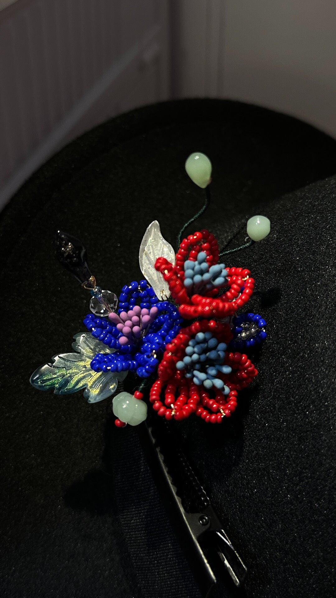 Beaded Floral Hair Clip Red Blue