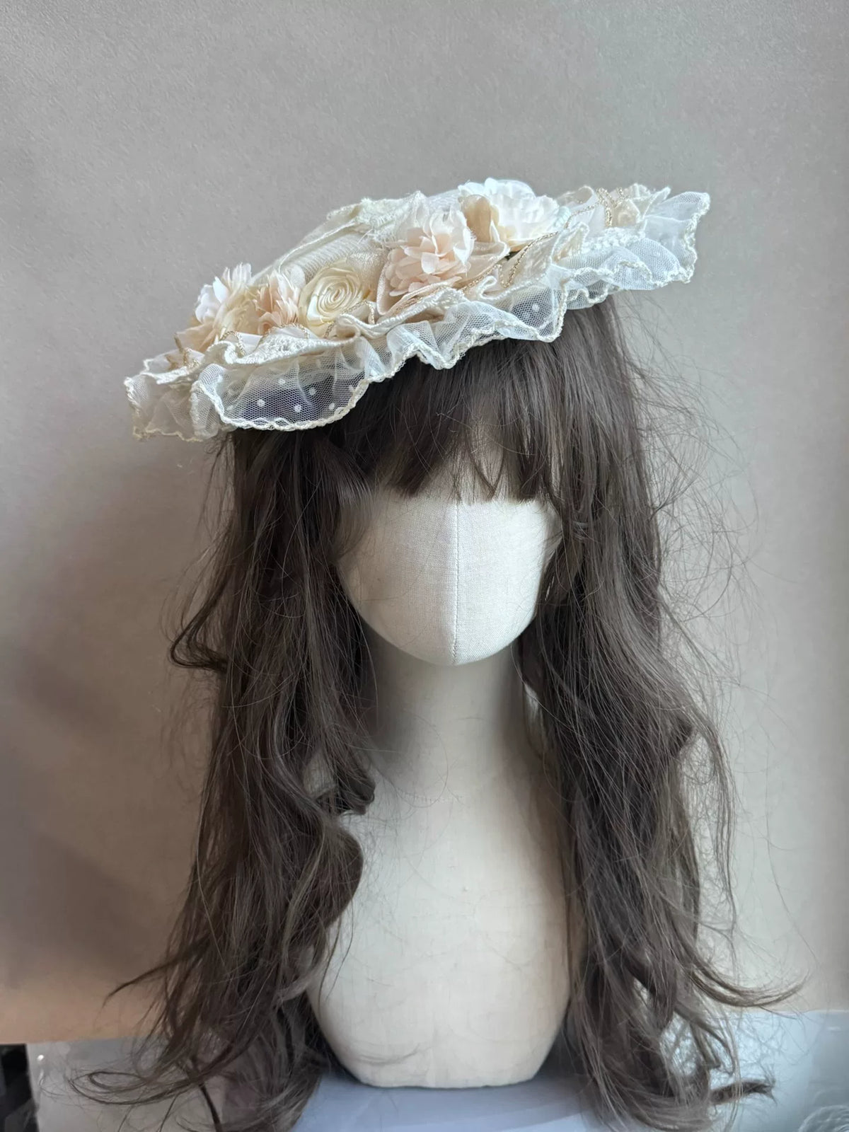 Champagne Lace Ribbon Rose Fascinator Hat