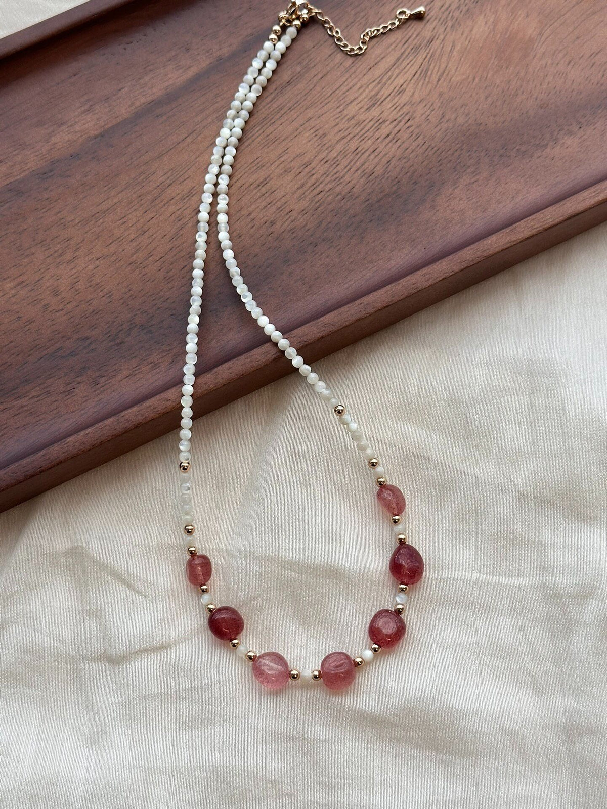 Strawberry Crystal Necklace with Butterfly Shell Beads