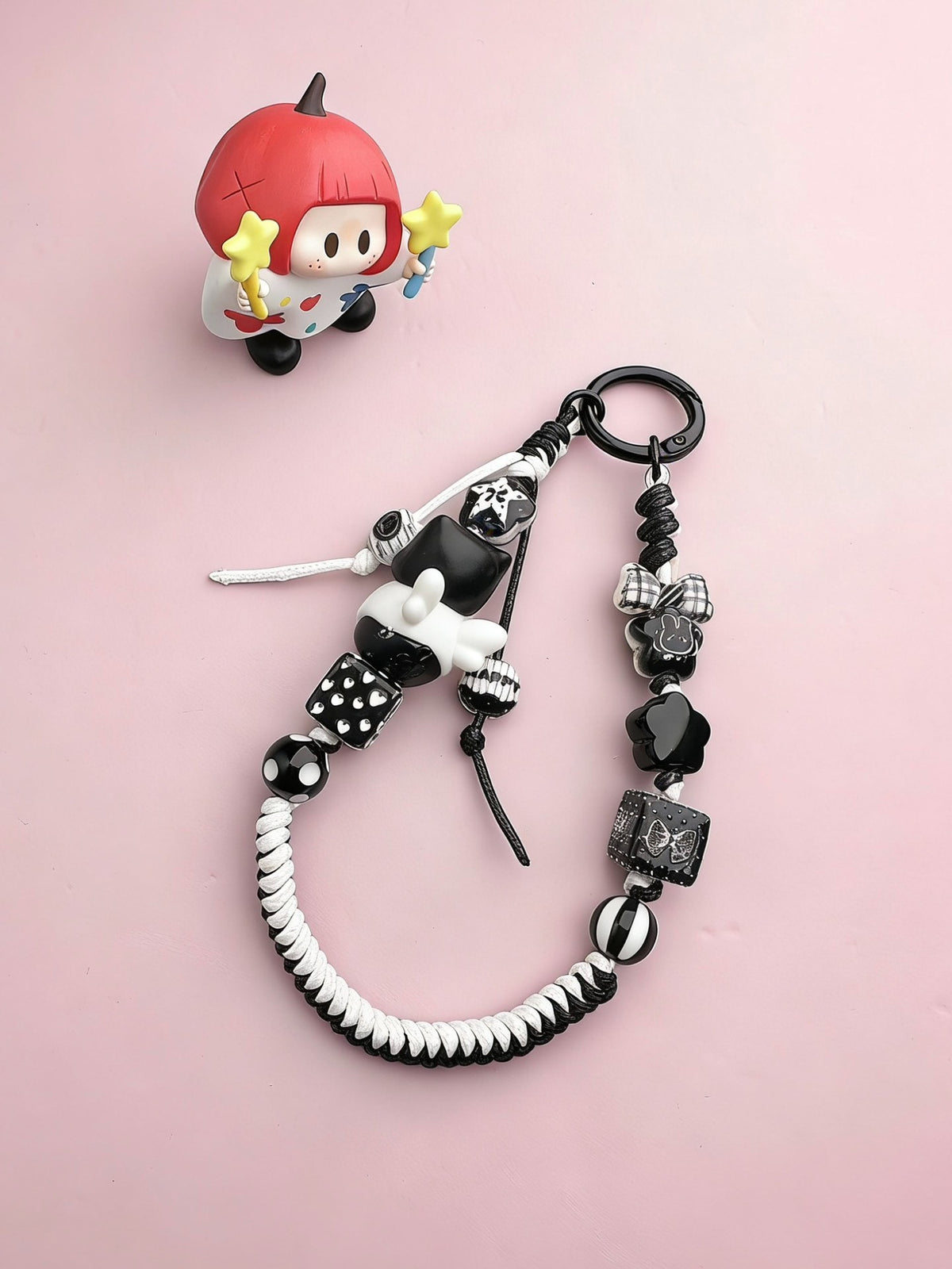 Handwoven Black White Cat Figurine Phone Charm