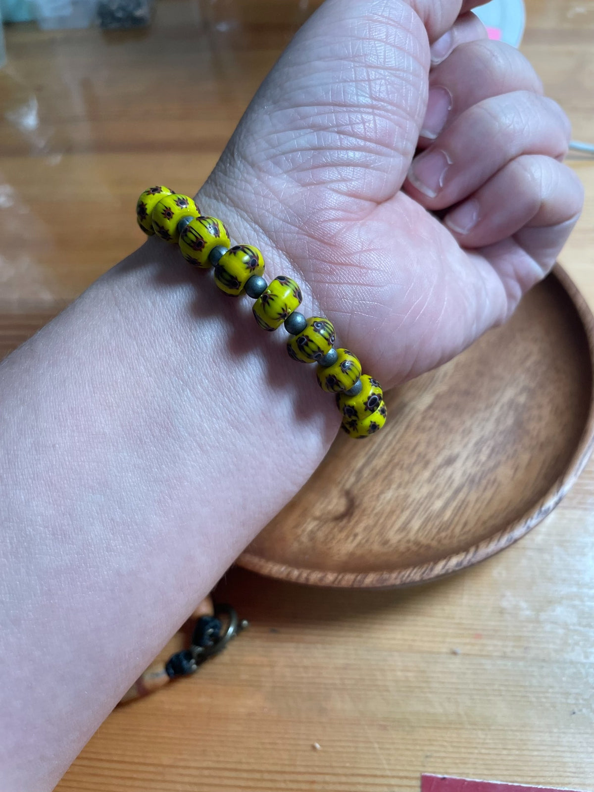 Yellow Glass Bead Bracelet with Tibetan Silver Spacers