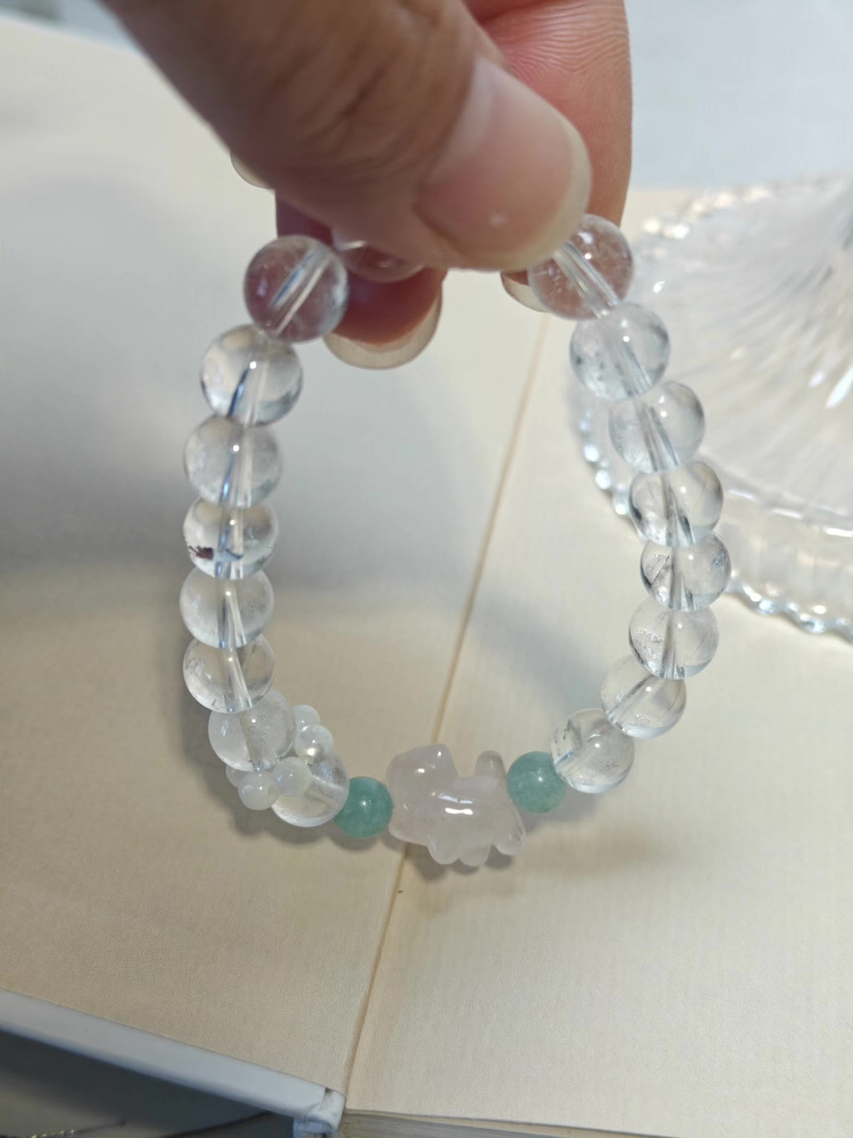 White Crystal Cat Charm Beaded Bracelet