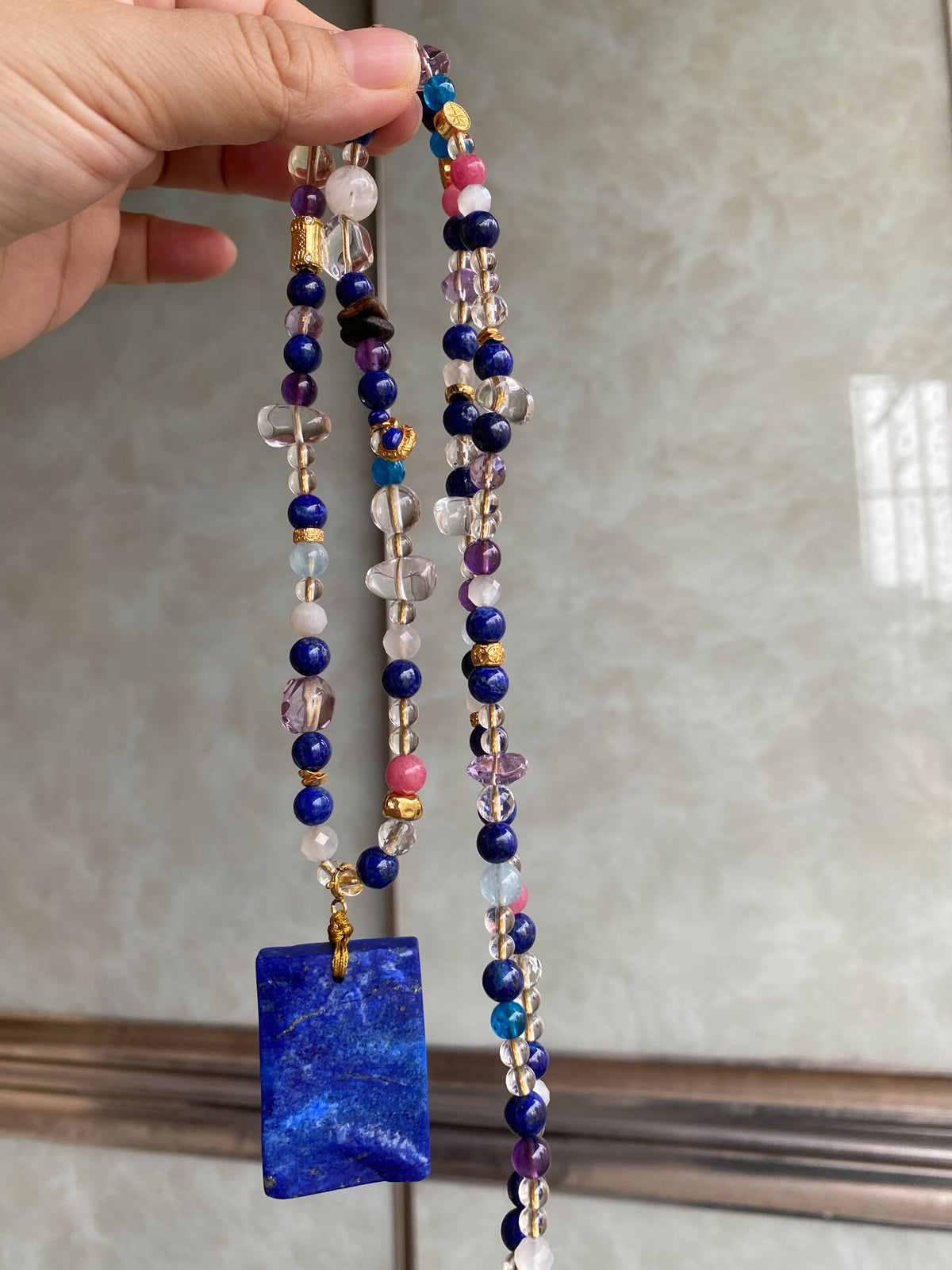 Long Multi Gemstone Necklace With Lapis Lazuli Pendant