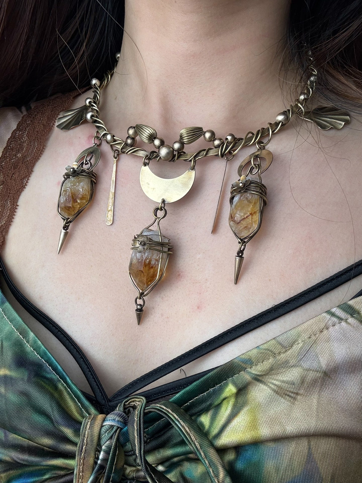 Brass Copper Citrine Choker Necklace