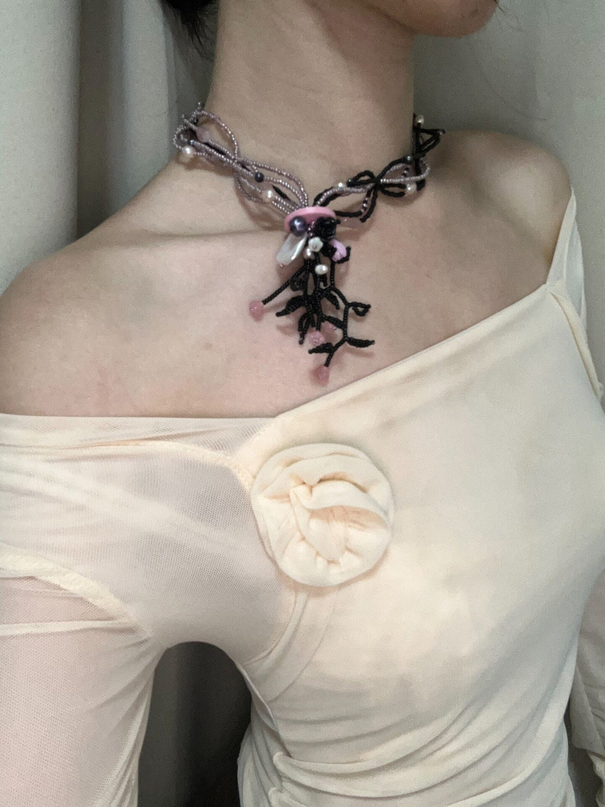 Handmade Beaded Necklace Purple Black Pink