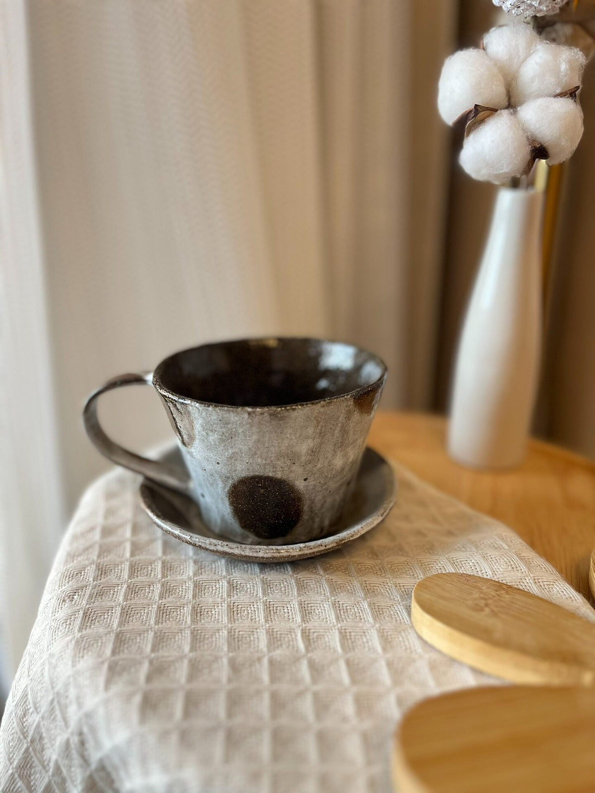 Handmade Black Clay Mug with Speckled Saucer