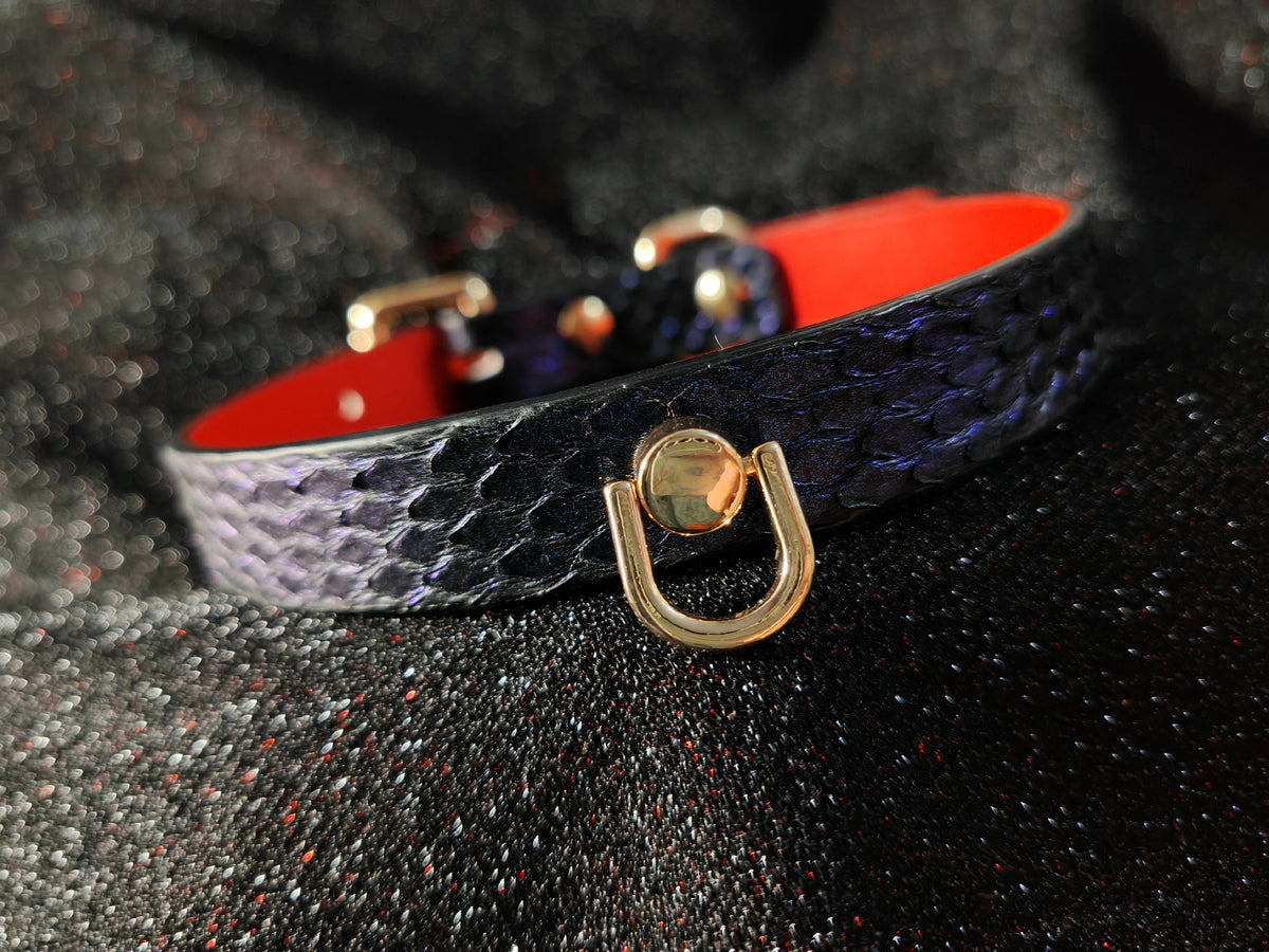 Blue Purple Snakeskin Pet Collar with Gold Buckle
